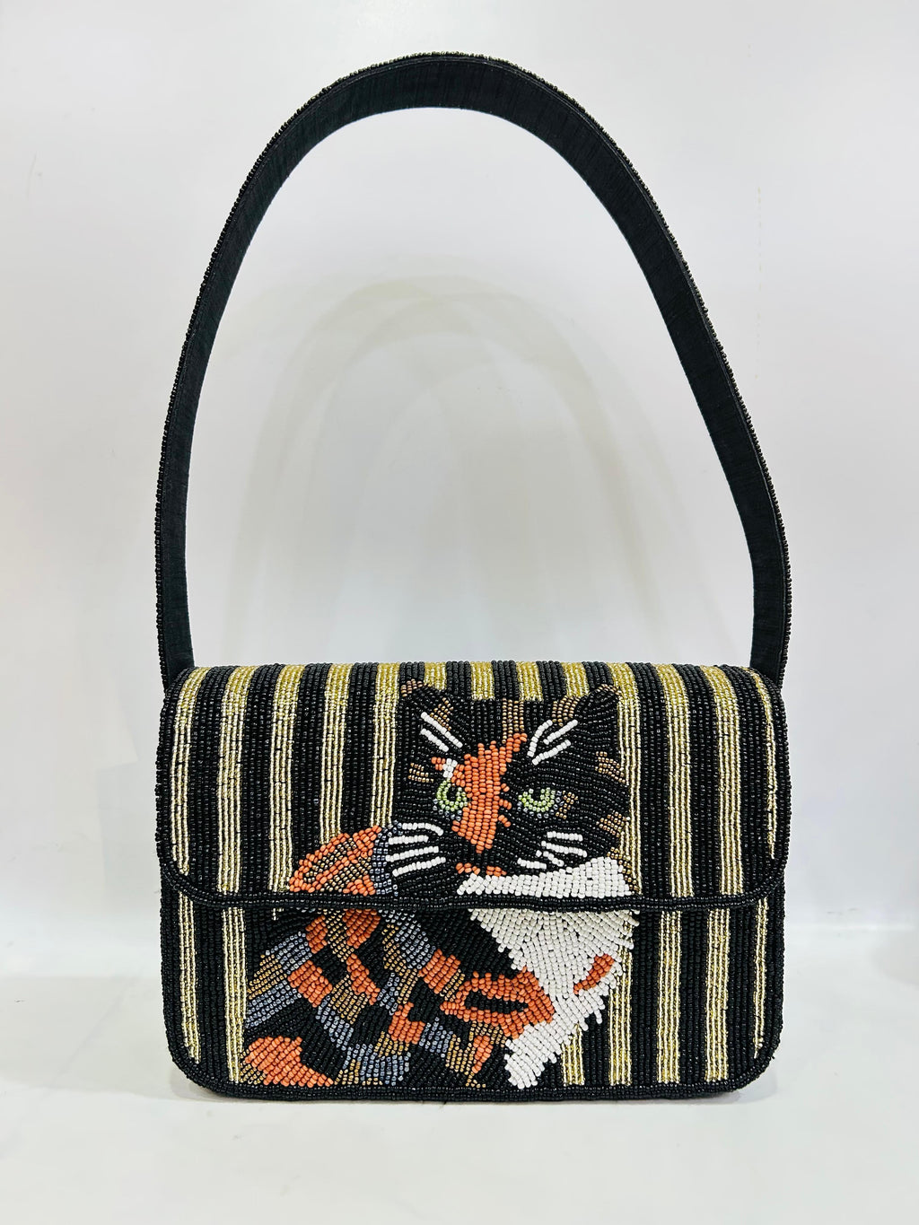 CAT Beaded Shoulder Bag Handmade Seed Bead Purse, Artisan Dog Clutch