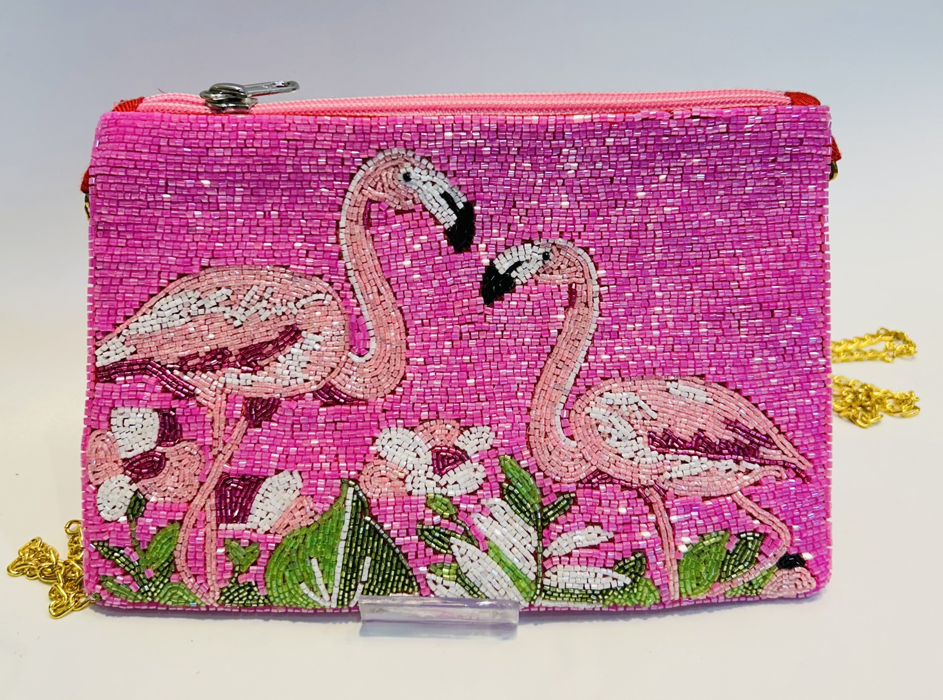 Handmade Pink Flamingo Beaded Purse Tropical Summer Clutch with 46 Detachable Chain
