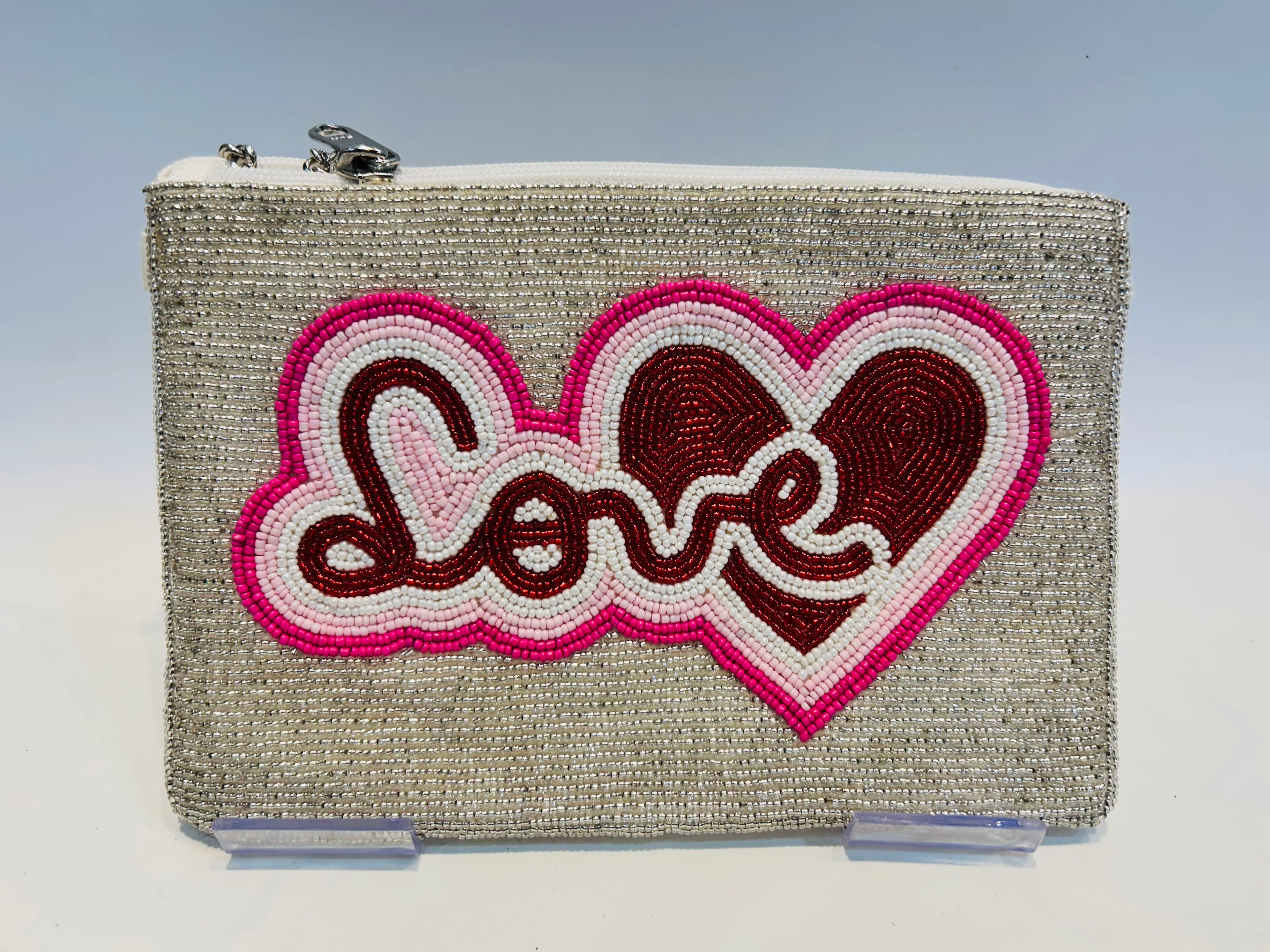 Love and Hearts Hand-Beaded Zipper Clutch Handmade Beaded Pouch with 46 Detachable