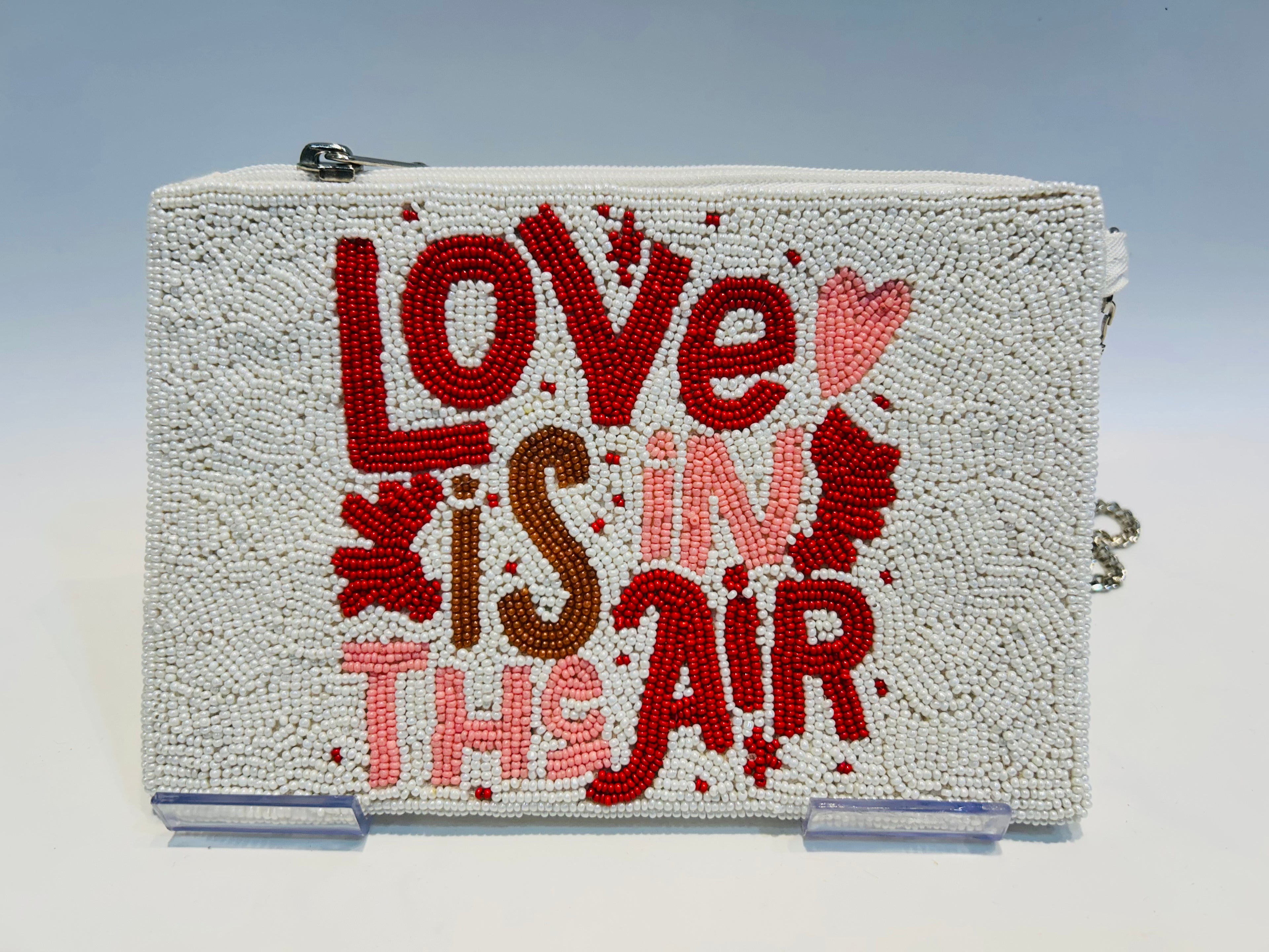 Love is in the air Custom Text Hand-Beaded Zipper Clutch Handmade Beaded Pouch with 46 Detachable Chain
