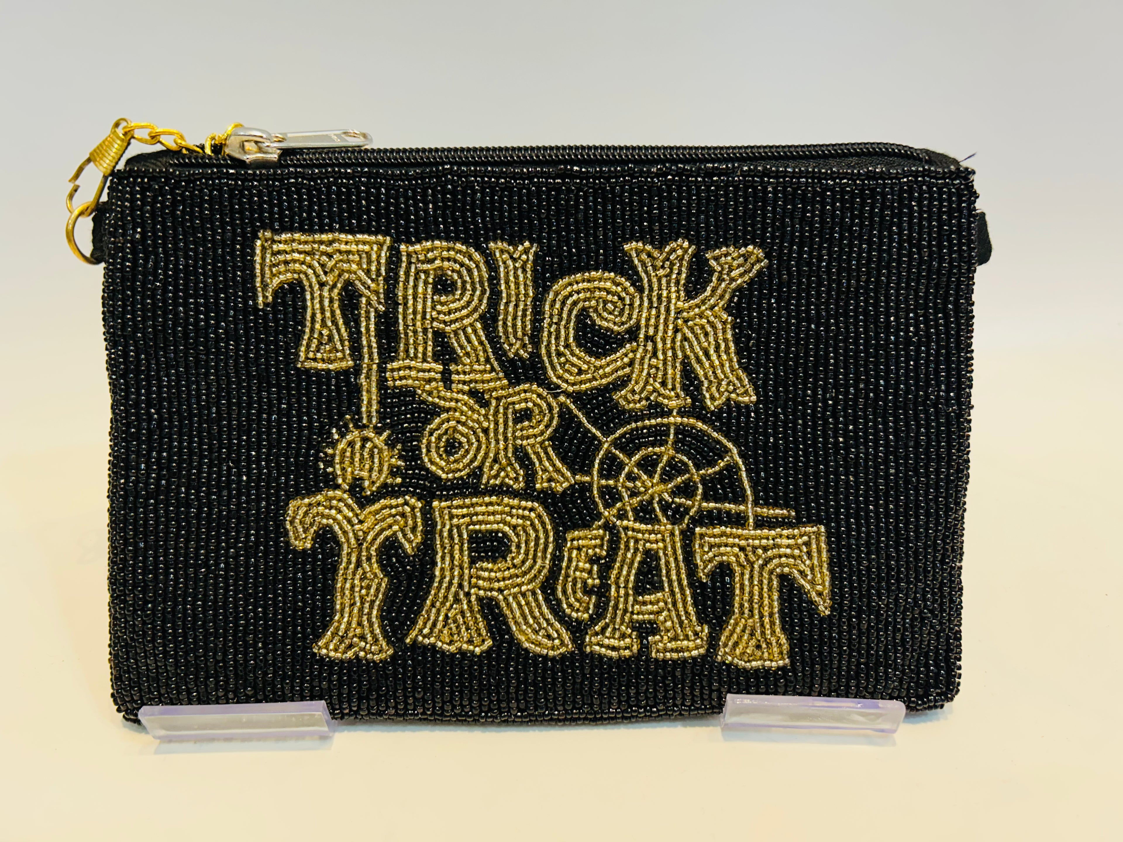 Black Beaded Trick or Treat Halloween Pouch with 46 Detachable Chain