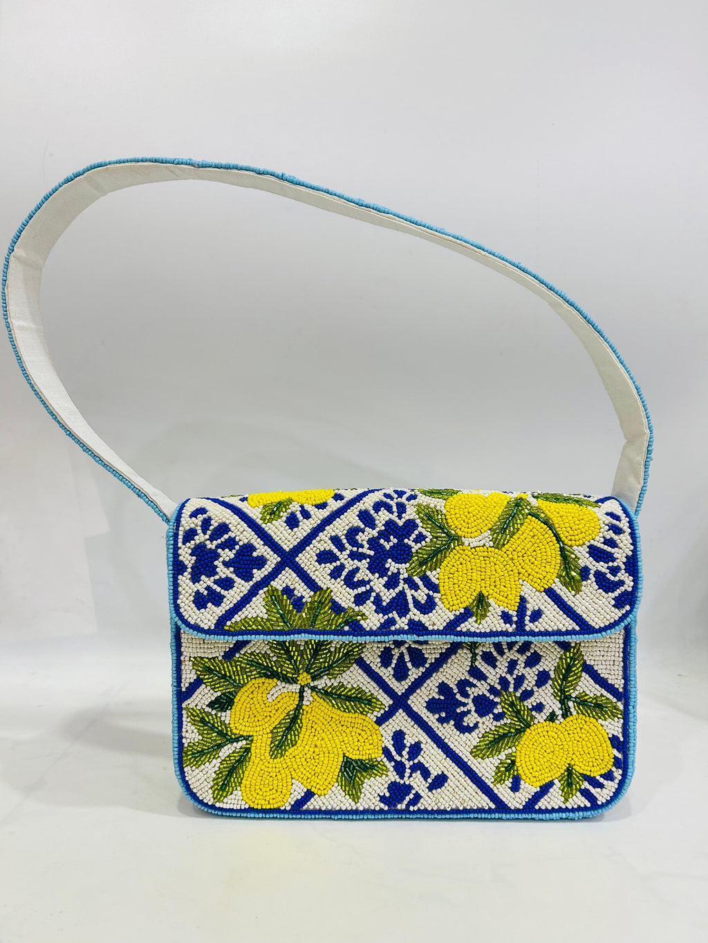 Handcrafted Blue and White Striped Beaded Purse with Lemon Design