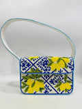 Handcrafted Blue and White Striped Beaded Purse with Lemon Design