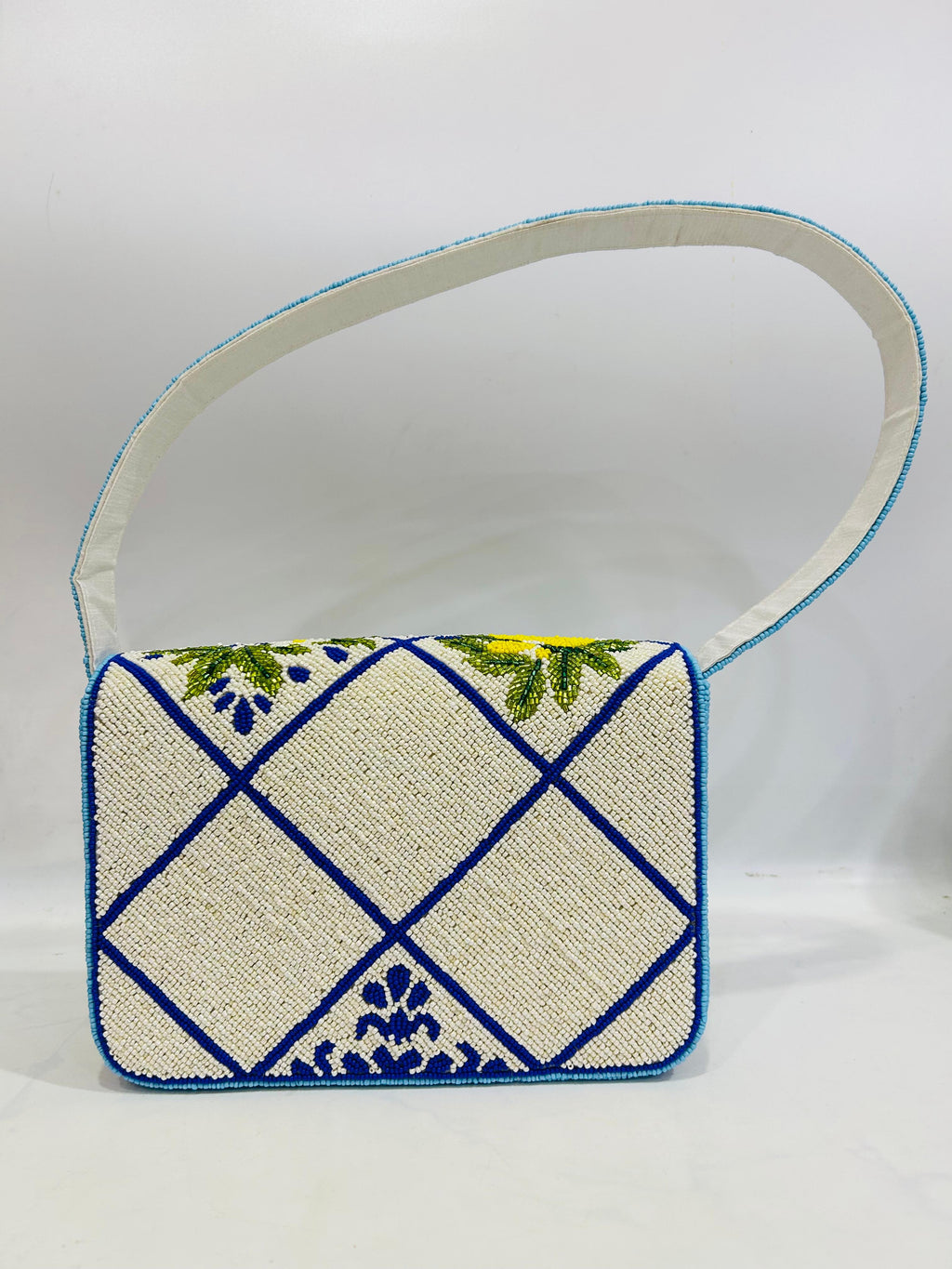 Handcrafted Blue and White Striped Beaded Purse with Lemon Design