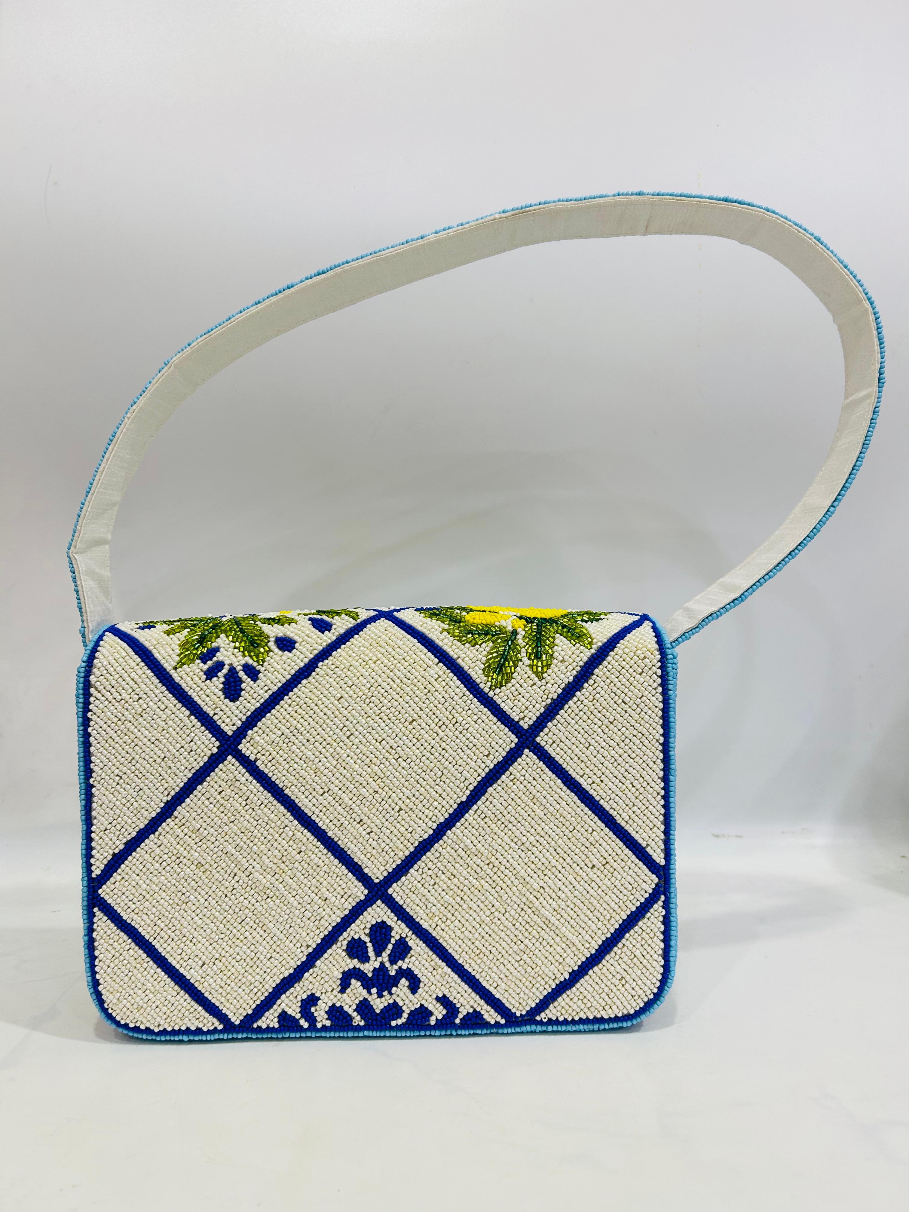Handcrafted Blue and White Striped Beaded Purse with Lemon Design