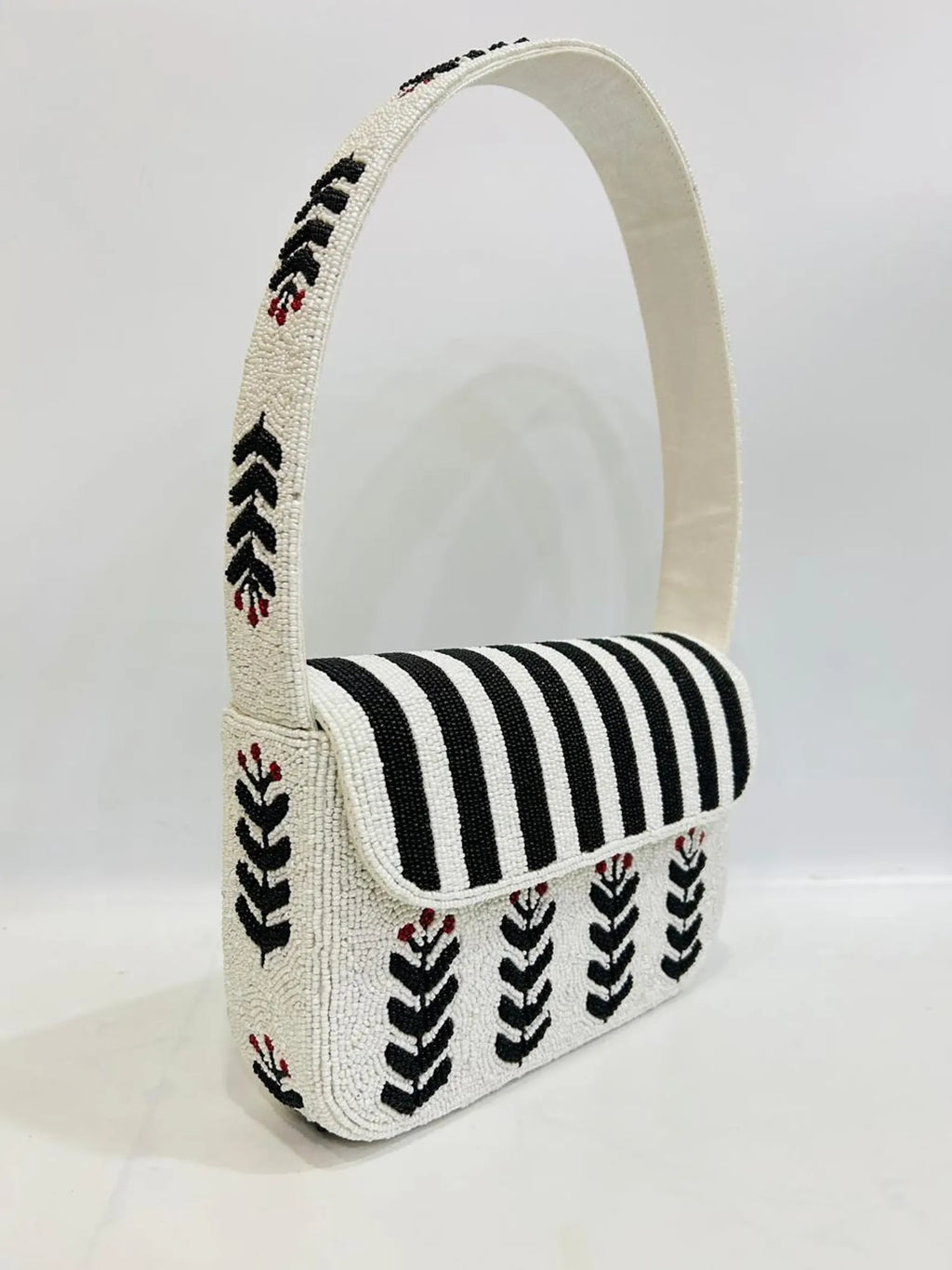 Handmade Black & White Beaded Shoulder Bag Floral Leaf Pattern Purse