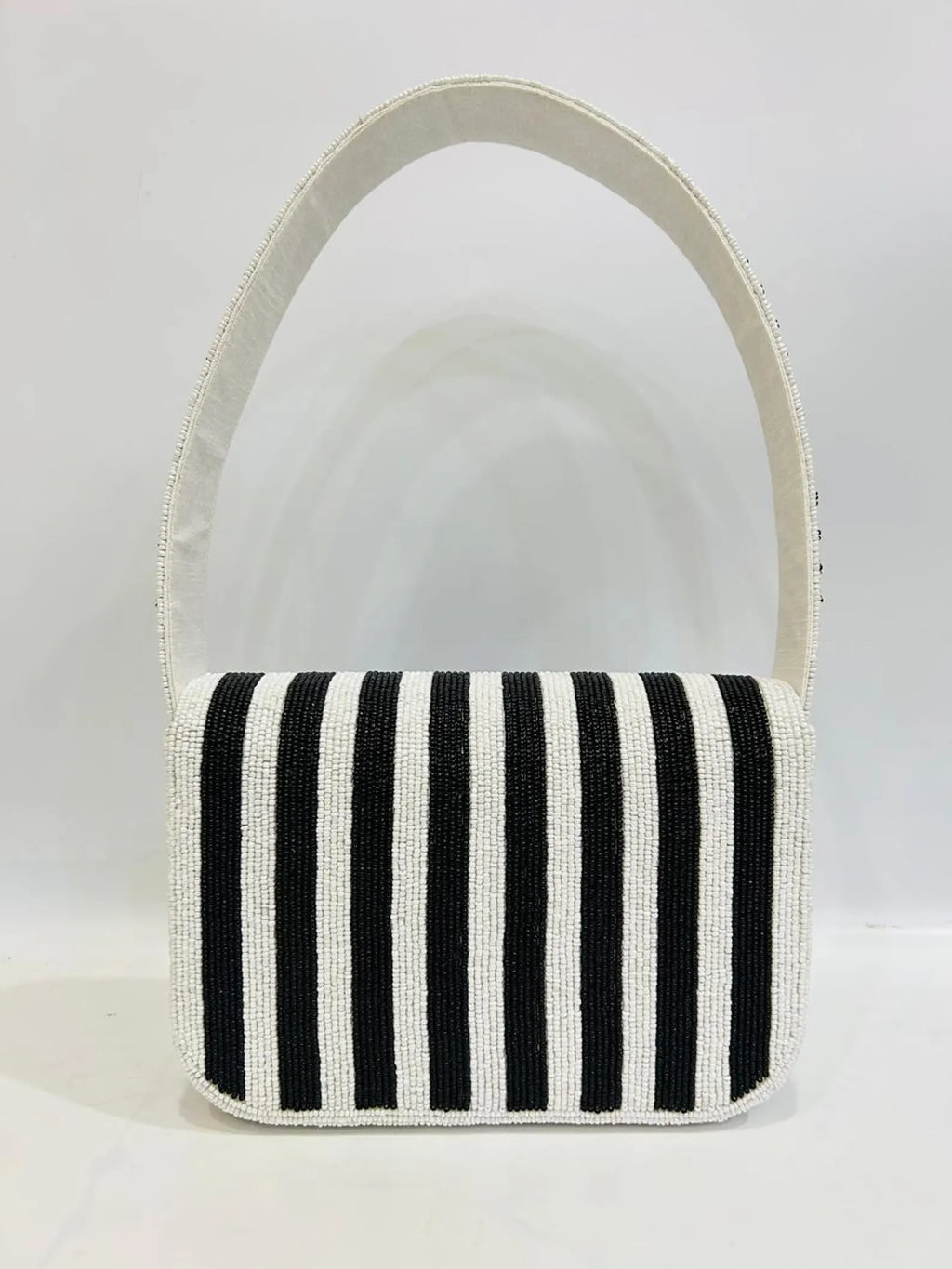 Handmade Black & White Beaded Shoulder Bag Floral Leaf Pattern Purse