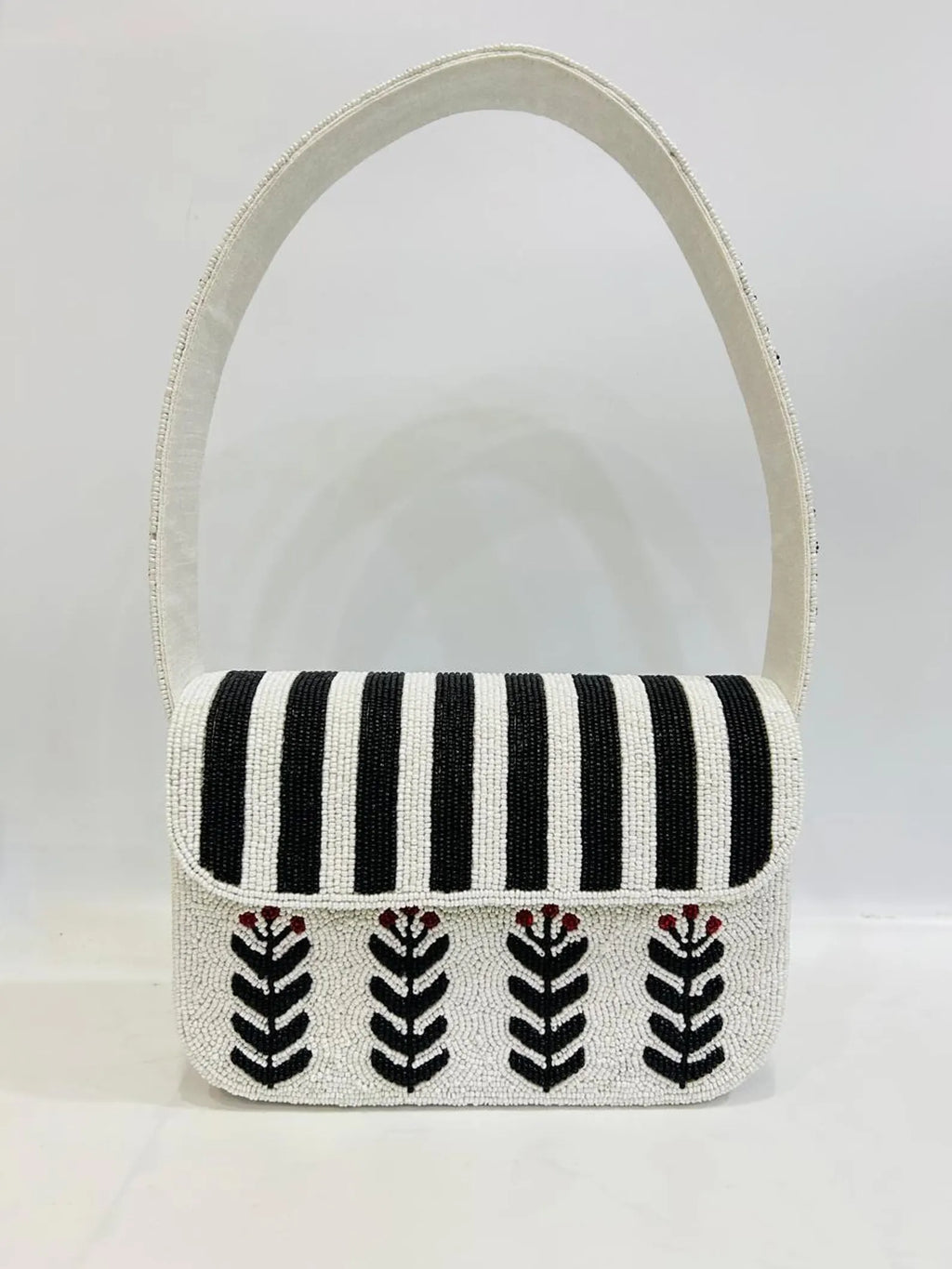 Handmade Black & White Beaded Shoulder Bag Floral Leaf Pattern Purse